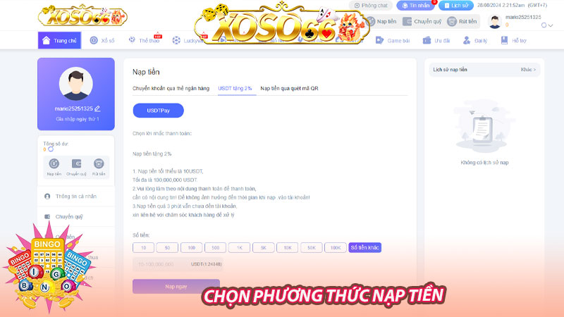 Bước 2: Chọn phương thức nạp tiền